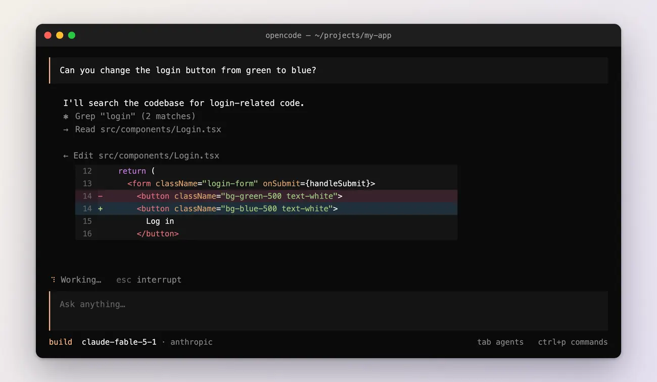 The terminal with a new Edit src/components/Login.tsx entry showing a diff: the line with a button whose className is bg-green-500 text-white is removed and replaced by the same line with bg-blue-500 text-white.