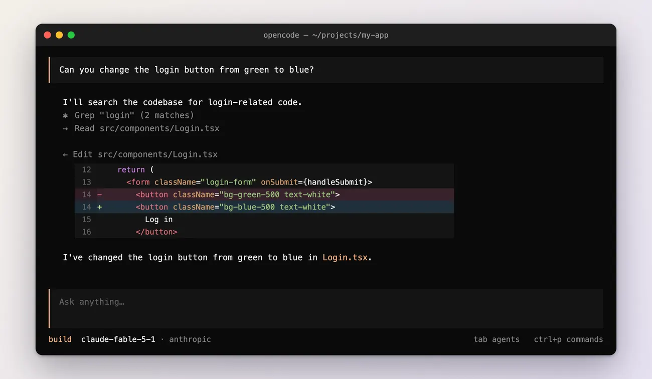 The terminal with the final response below the tool calls: "I\x27ve changed the login button from green to blue in Login.tsx." The spinner is gone.