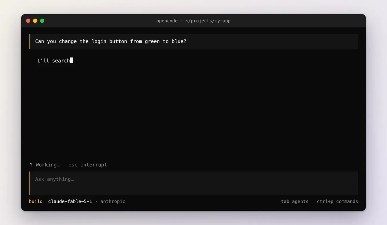A terminal showing the user prompt "Can you change the login button from green to blue?" followed by the partial response "I\x27ll search" and a Working… spinner.