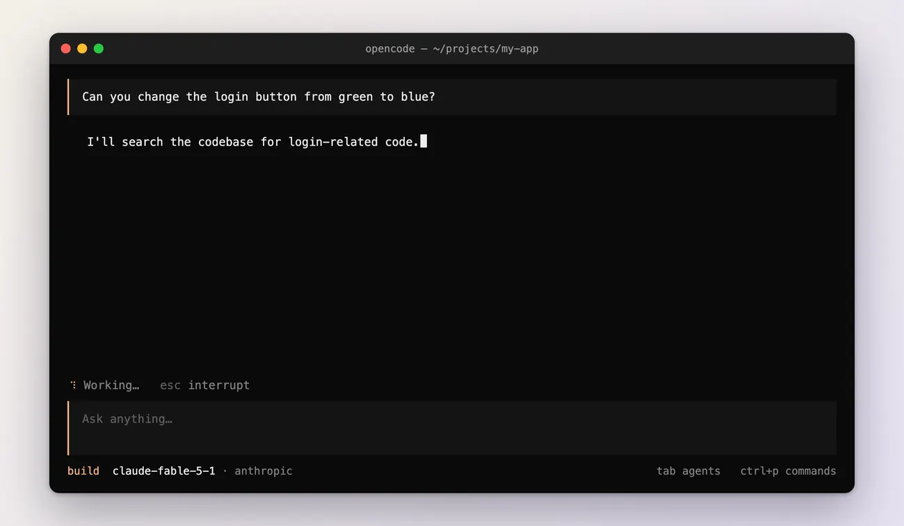 The same terminal, now showing the full sentence "I\x27ll search the codebase for login-related code." and the Working… spinner.