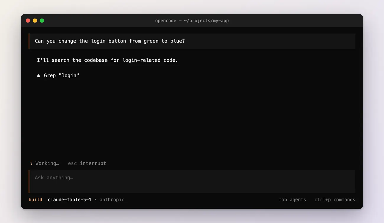 The terminal with a new line under the sentence reading Grep "login", marking the tool call as in progress, and the Working… spinner.