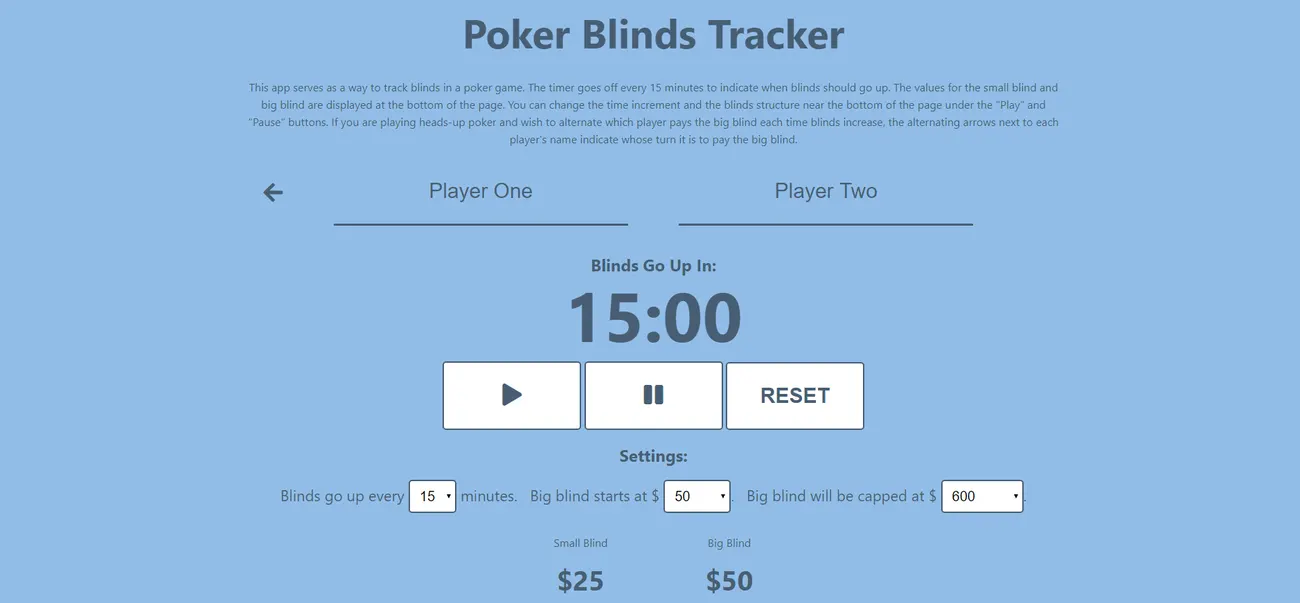 The Poker Blinds Tracker web app